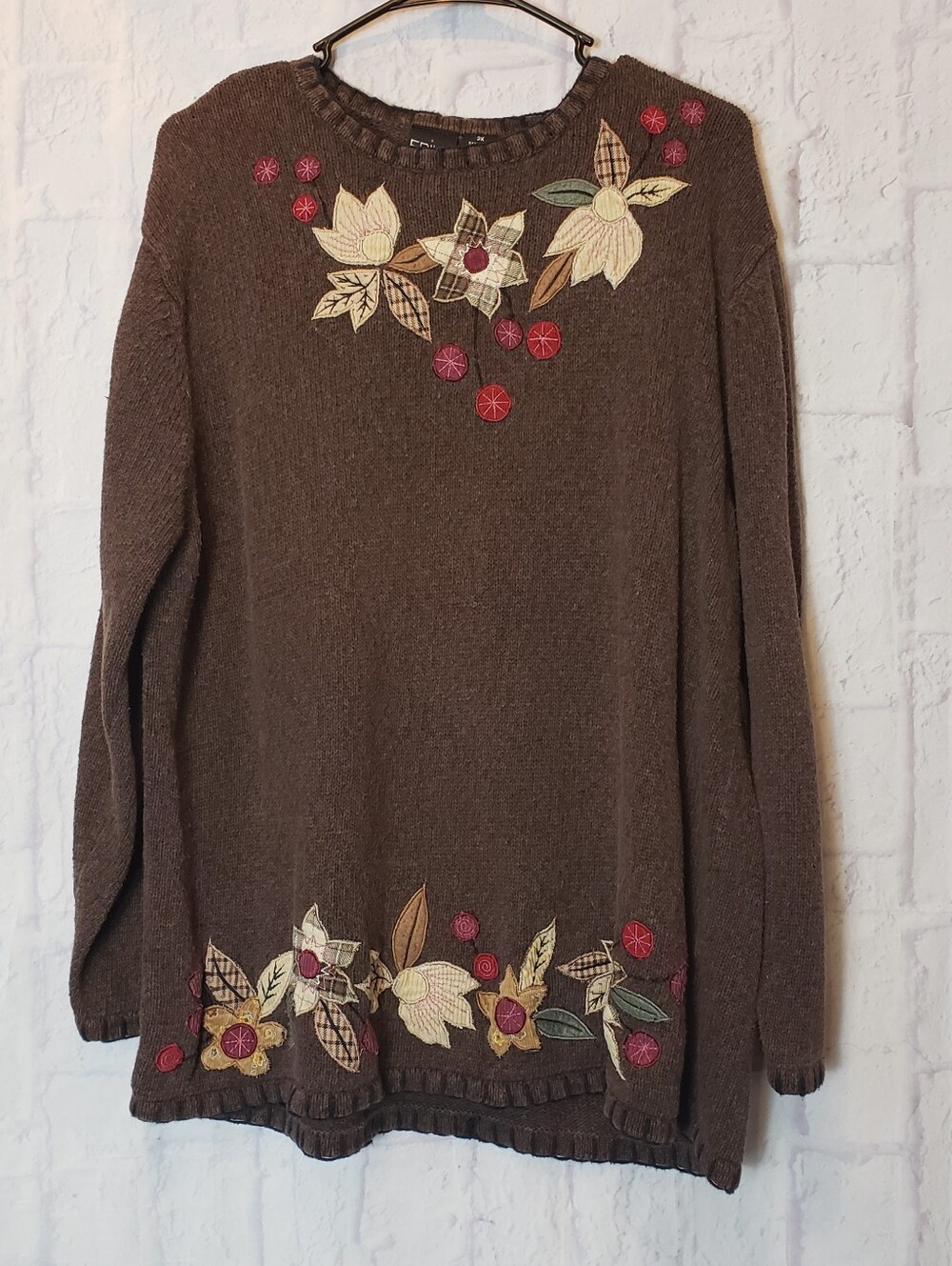 ERIKA Fall Floral Appliques Classic Sweater 2X